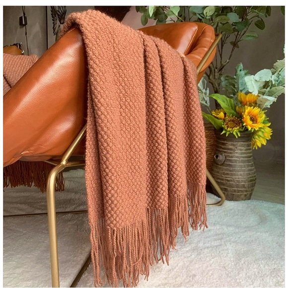 Rustic Orange Warm Cozy Knit Chic Tassel Living Room/Bed Blanket/Shawl/Cover - Picture 6 of 16